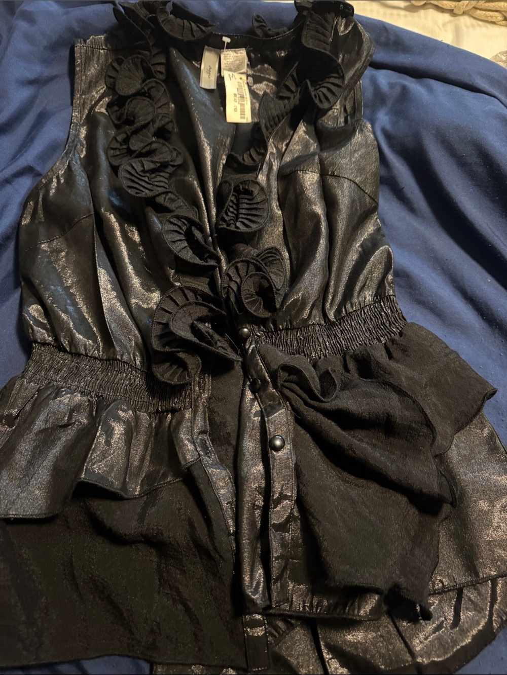 Black Ruffle-Trim Satin-Look Blouse - Classic Formal Top
